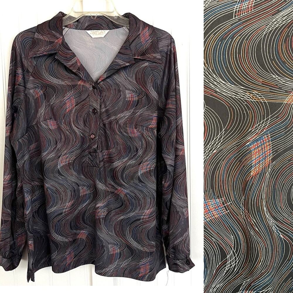 Vintage Plus Size Funky Psychedelic Blouse Top Black Jaylan of California 2X